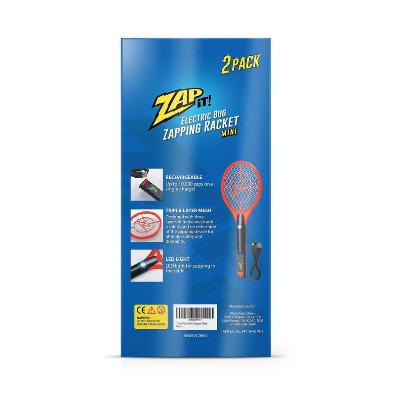 Zap It Bug Zapper Rechargeable Bug Zapper Racket, 4,000 Volt, USB Charging Cable, 2 Pack Mini Red