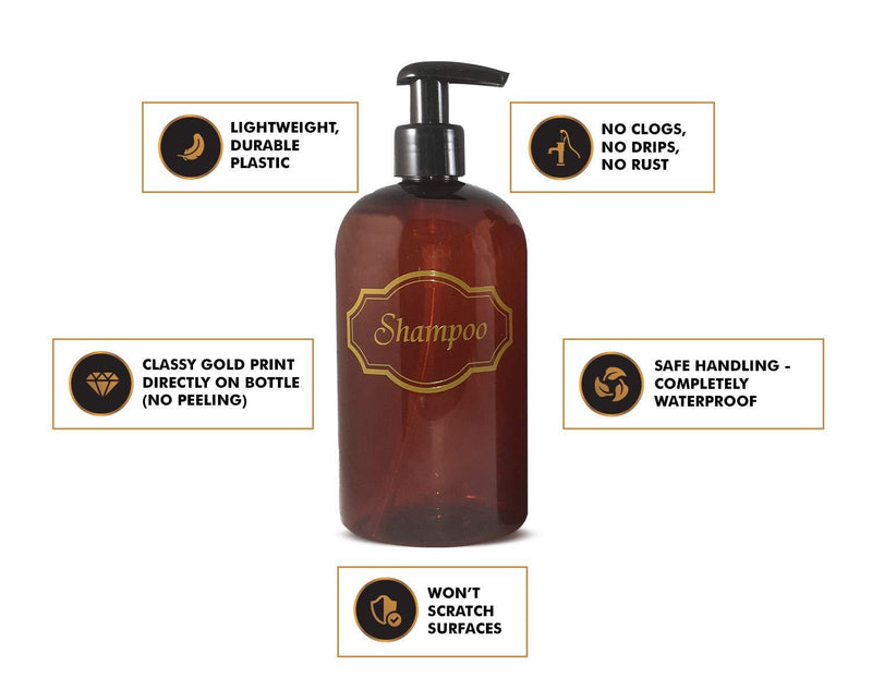 Bottiful Home-16 oz Amber Shampoo, Conditioner, Wash Shower Soap Dispensers-3 Refillable Empty PET Plastic Pump Bottle Shower Containers-Printed Design-Waterproof, Rust-Free, Clog-Free, Drip-Free Amber/Gold/Black