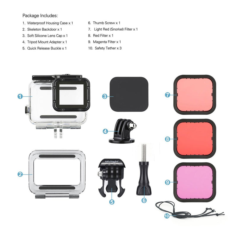 SOONSUN 45m Underwater Waterproof Dive Housing Case with 3-Pack Dive Filters for GoPro Hero 5 6 7 Black Hero (2018) - Include Backdoor, Quick Release Buckle, Thumb Screw, Tripod Adapter, Lens Cap Dive Housing with Filters