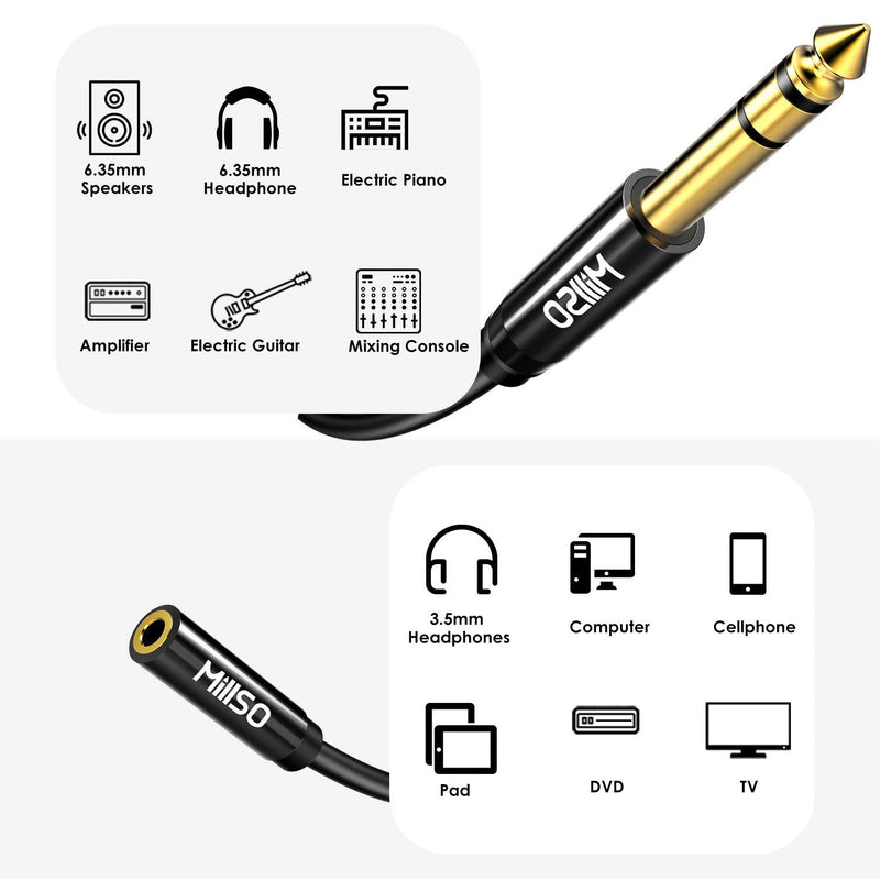 MillSO 1/4 to 3.5mm Headphone Adapter TRS 6.35mm 1/4 Male to 3.5mm 1/8 Female Stereo Jack Audio Adapter for Amplifiers, Guitar, Keyboard Piano, Home Theater, Mixing Console, Headphones - 12inch/30CM