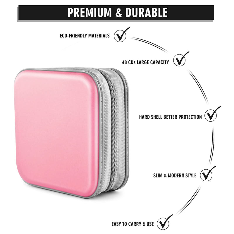 CD Case, Bivisen DVD Case Wallet Holder Binder 48 Capacity CD/DVD Cases Storage Holder Binder Organizer Wallet Book for Car Home Travel (Light Pink) Light Pink