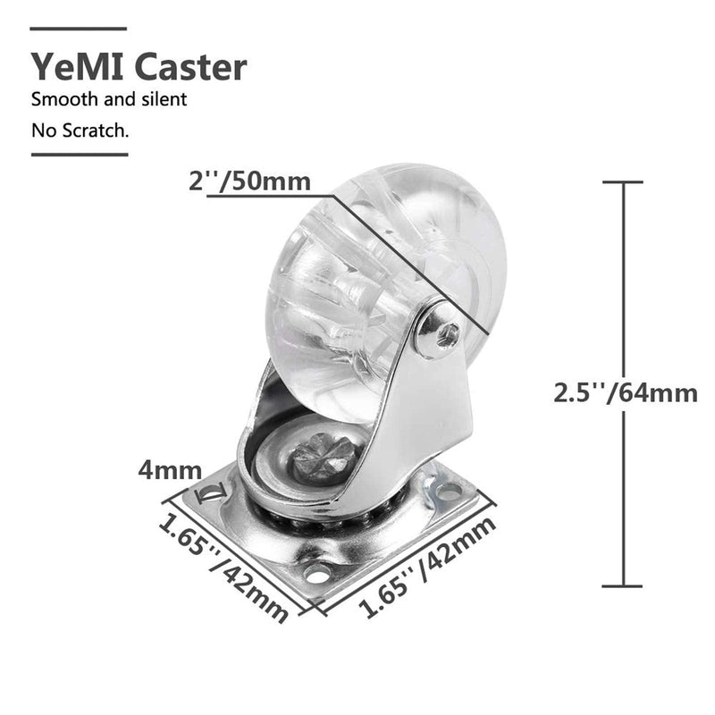 YeMI 2 Inch Swivel Plate Casters Set of 4, Heavy Duty Castor Wheels for Furniture, Crystal Clear Polyurethane Rolling Castors with 360 Degree Plate for Cabinet,Ottoman,Bench (500 Lbs,Screws Included) 2",4 swivel