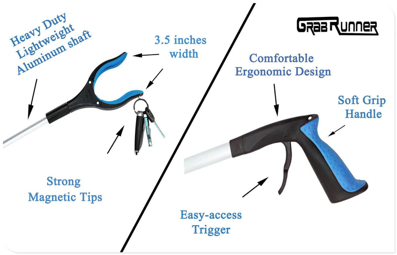 2- Pack GrabRunner Reacher Grabber Tool with Strong Magnetic for Elderly 32 inch Folding Reacher Tool with Long Reach Arm Extender (Blue/Blue) Blue