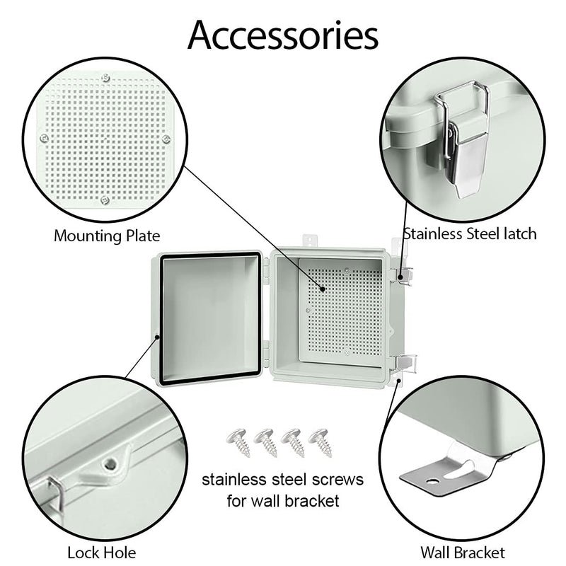 LeMotech ABS Junction Box Hinged Cover Stainless Steel Latch IP67 Waterproof Plastic Universal Enclosure with Mounting Plate and Wall Bracket for Electrical Project 5.9x5.9x3.5 inch (150x150x90mm) 5.9"x5.9"x3.5"