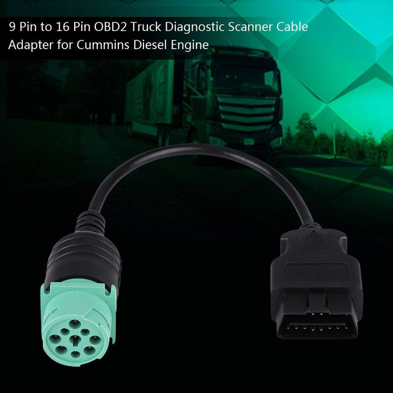 Truck Diagnostic Scanner Cable, 9 Pin to 16 Pin OBD2 Diagnostic Scanner Cable Adapter for Cummins Diesel Engine Truck (Black/Green)