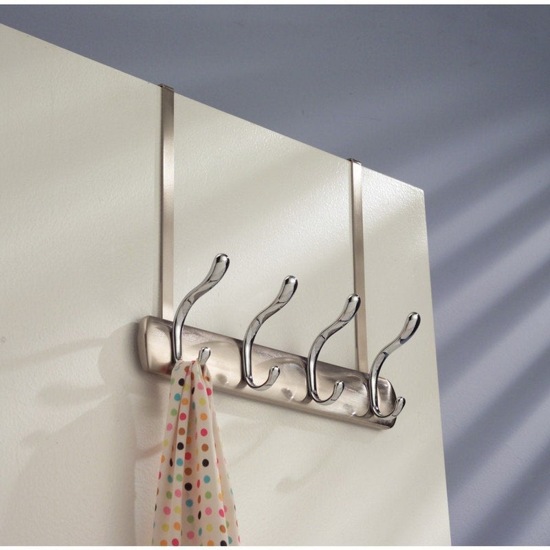 iDesign Bruschia Metal Over the Door Hanging 4-Hook Rack for Coats, Hats, Robes, Towels in Bathroom, Bedroom, Dorm, Entryway, 13" x 4.42" x 11.25", Brushed Nickel and Chrome