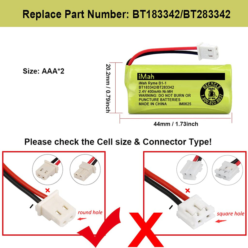 iMah BT183342/BT283342 2.4V 400mAh Ni-MH Battery Pack, Also Compatible with AT&T VTech Cordless Phone Batteries BT166342/BT266342 BT162342/BT262342 CS6709 CS6609 CS6409 BL102-3 EL52100 EL50003, 2-Pack