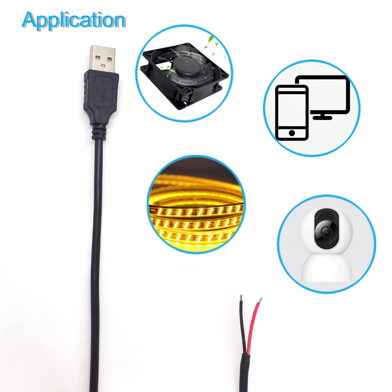 2pcs 1M/3.3Ft 20AWG USB 2.0 Male Plug 2pin Wire DIY Pigtail Cable 5V 5A Black USB Power with 2-Position Spring Wire Connector