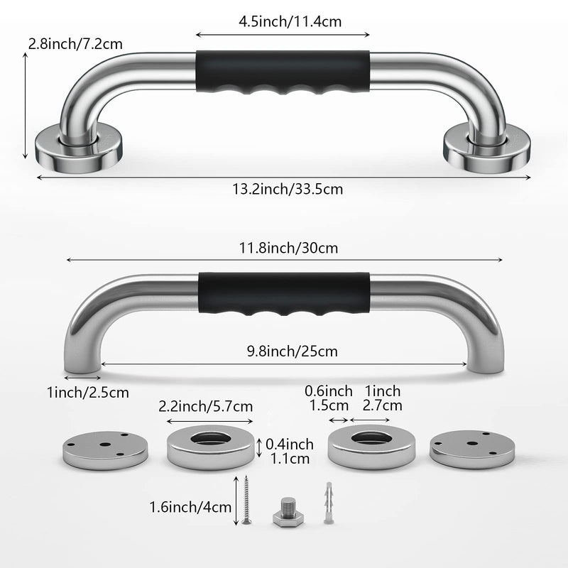 2 Pack 12 Inch Shower Grab Bar w/ Anti Slip Rubber Grip, ZUEXT SUS304 Stainless Steel Bath Grab Bar, Bathroom Balance Bar, Wall Mount Safety Handrail Support, Handicap Injury Elderly Assist Handle chrome grab bar 12 x 1.0 inch