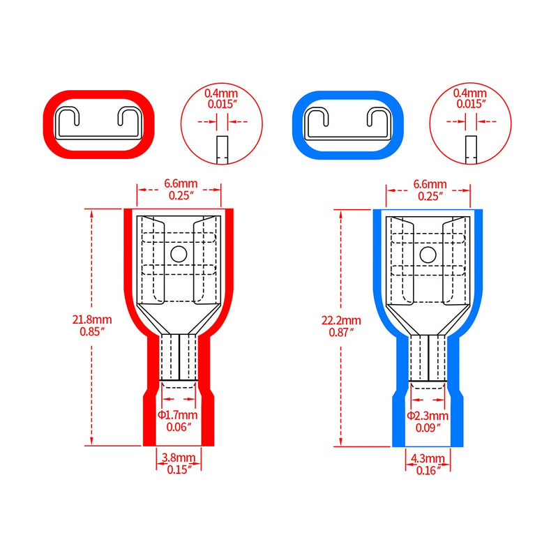 Heschen quick coupling socket vinyl fully insulated, 6.3 x 0.8mm cable lug, red for 0.5-1.5mm² (22-16 AWG), blue for 1.5-2.5mm² (16-14 AWG), 100pack