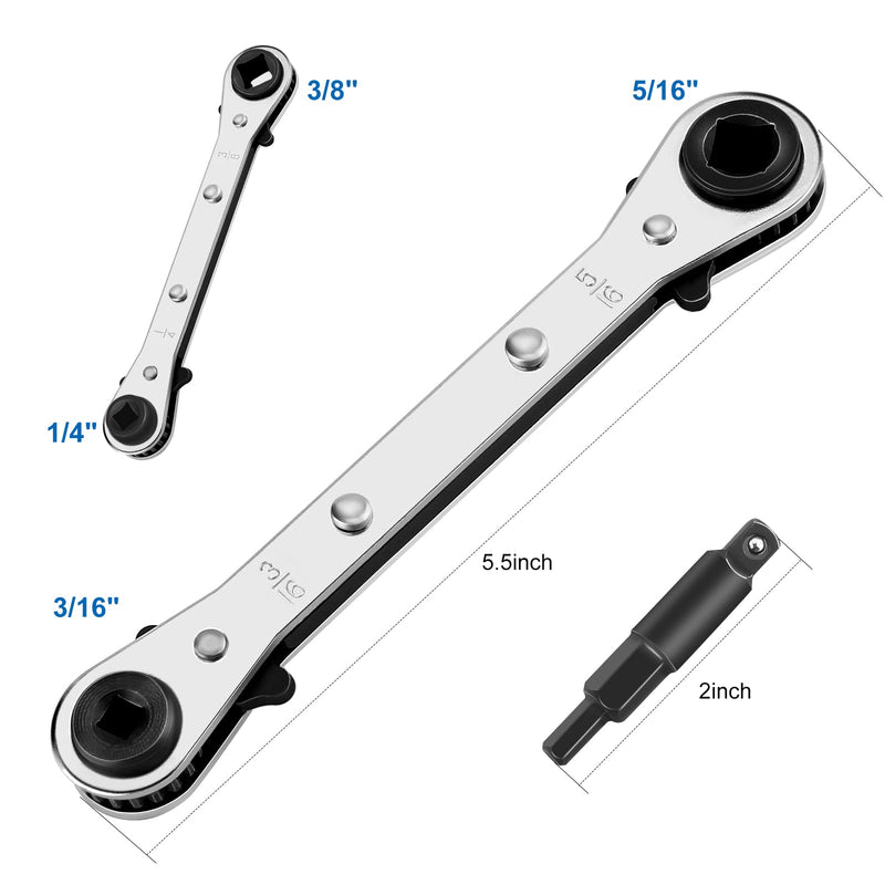 WADEO Hvac Service Wrench, 3/8” to 1/4”, 5/16'' x 1/4'' Refrigeration Service Wrench with Hex Bit Adapter for Air Conditioning, Refrigeration Equipment Repair Wrench-Carbon Steel;Adapter-Black-coating