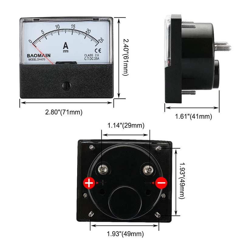 Baomain Ammeter DH-670 DC 0-25A Rectangular Ampere Needle Panel Meter Gauge Amperemeter CE