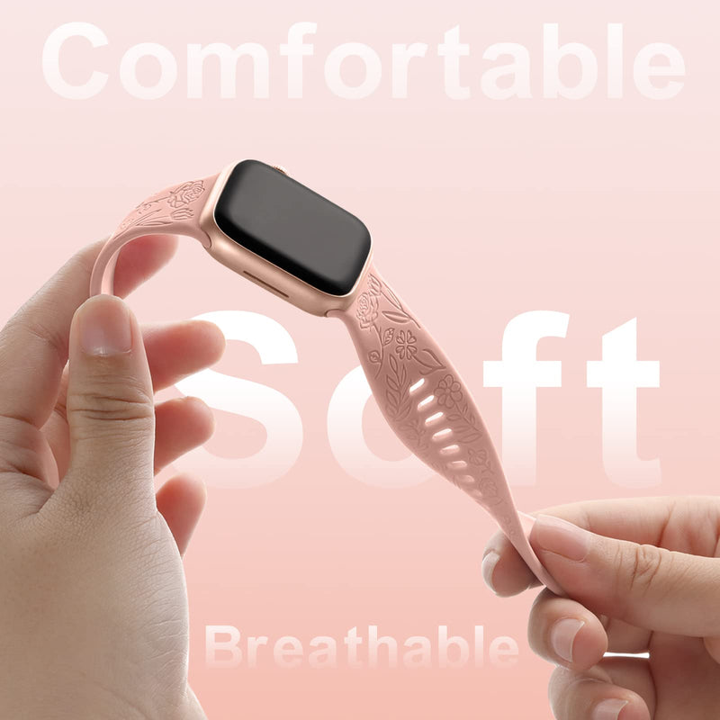 DaQin Flower Engraved Bands Compatible with Apple Watch Band 38mm 40mm 41mm 42mm 45mm 49mm 44mm Women Girl, Soft Silicone Wristbands Replacement for Apple Watch Ultra/iWatch Series 8 7 6 5 4 3 2 1 SE Black/White/Gray/Pink Sand 38mm/40mm/41mm