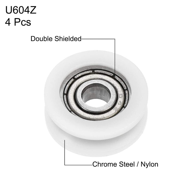 uxcell U604ZZ 604 Nylon U Groove Bearings 4x15x6mm Double Metal Shielded (GCr15) Chrome Steel Ball Bearings 4pcs