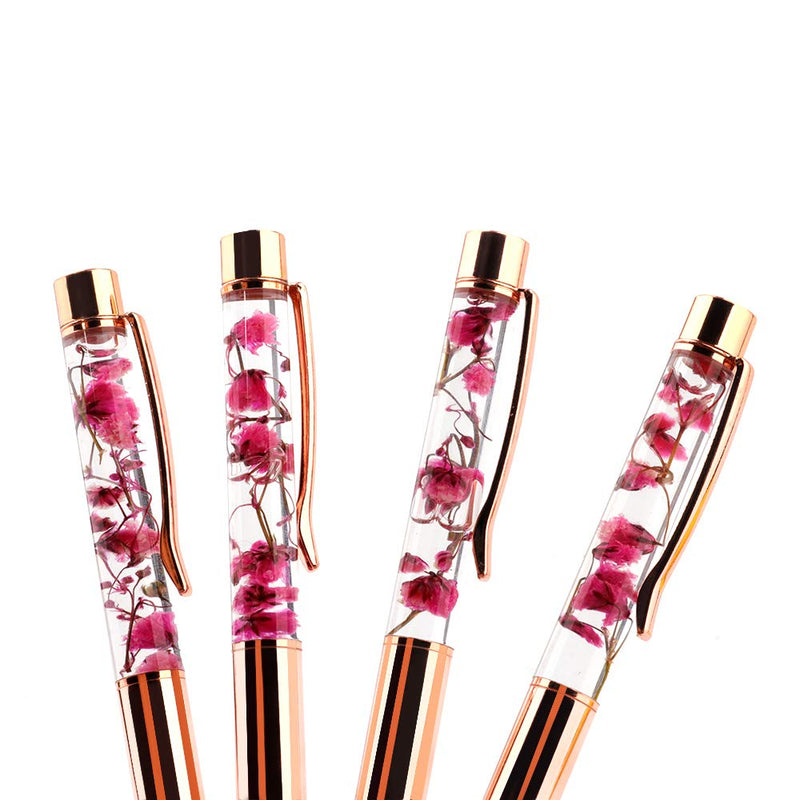 Rose Gold Ballpoint Pen,4 Pieces Metal Ball Pens Dynamic Liquid Flower Pen Black Ink Pen Refills for Office Rose Gold Desk Supplies Rose Gold Pens