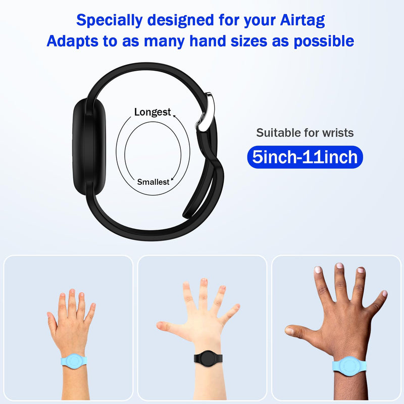 R-fun Waterproof Air Tag Bracelets for Kids [2 Pack] Compatible with Apple Air Tag Tracker with Soft Silicone,Anti Lost GPS Trackers Case Cover for Kids,Black/Glow Blue Black/Glow Blue