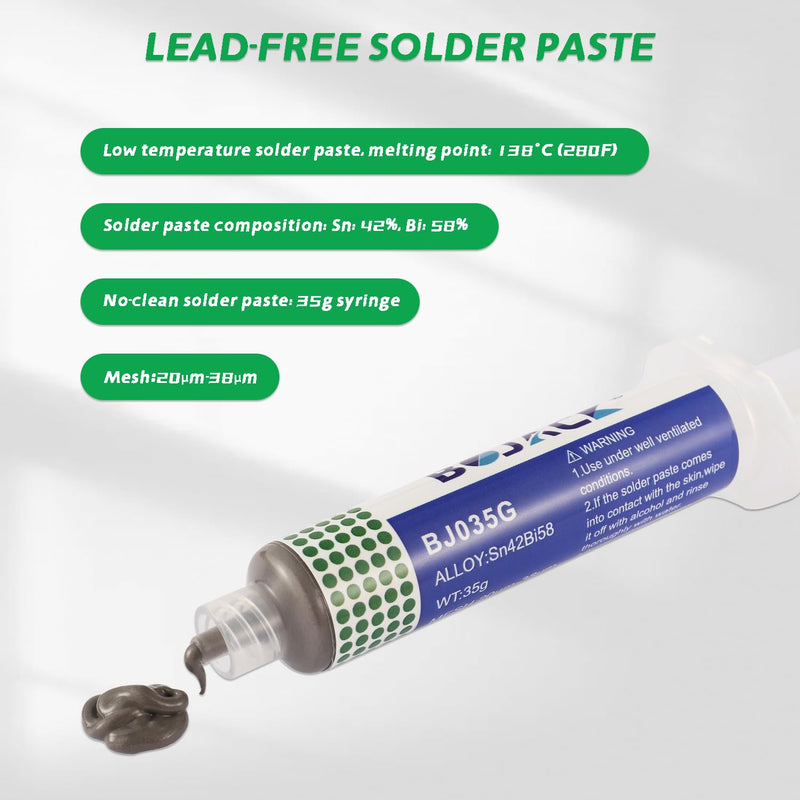 BOJACK Lead Free Solder Flux Tin Paste Sn42 Bi58 Lead Free Solder Paste Low Temperature 138°C Syringe Solder Paste with 2 Dosing Tools and Push Rods for BGA SMT Solder (1.05oz/35g)