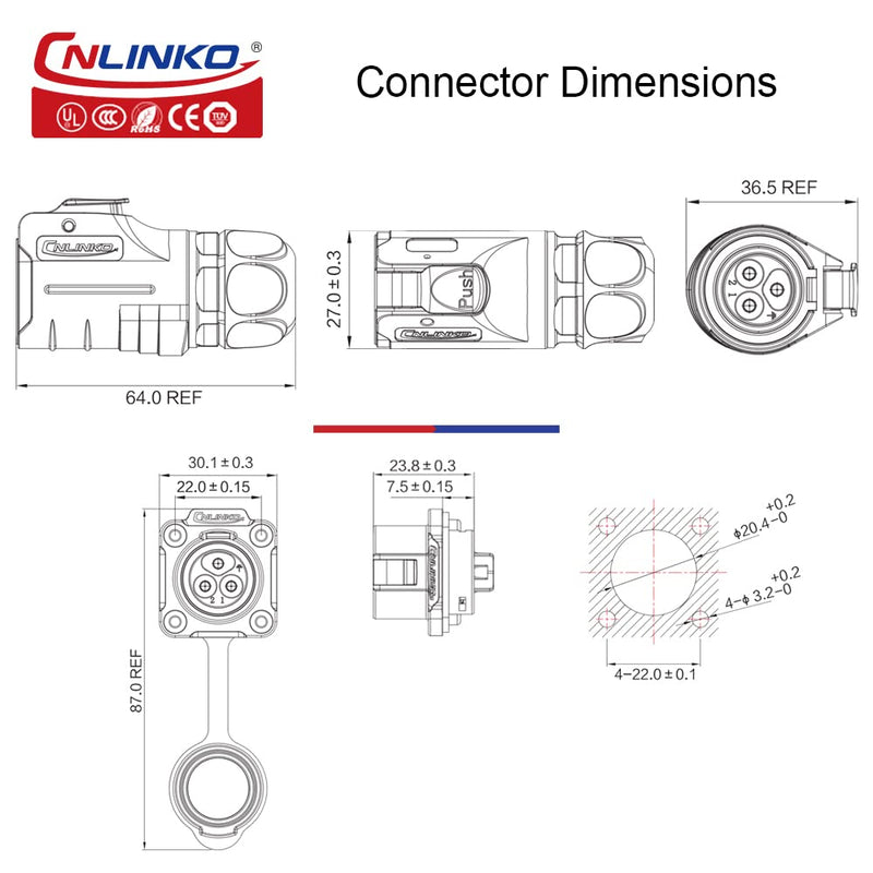 CNLINKO LP20 series waterproof connector, IP65/ IP67 Fast locking connect, 20A 500V 2pin m20 male and female LED outdoor power connector (2 pin) 2 pin
