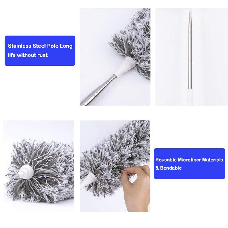 Microfiber Duster with Extension Pole(Stainless Steel), Extra Long 100 inches, with Bendable Head, Extendable Duster for Cleaning High Ceiling Fan, Interior Roof, Cobweb, Gap Dust- Wet or Dry Use