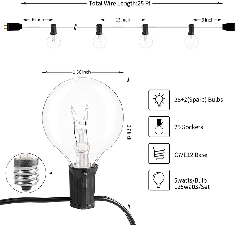 Outdoor String Lights 25 Feet G40 Globe Patio Lights with 27 Edison Glass Bulbs(2 Spare), Waterproof ConnectableÂ Hanging Light for Backyard Porch Balcony Party Decor, E12 Socket Base,Black 25 ft Black
