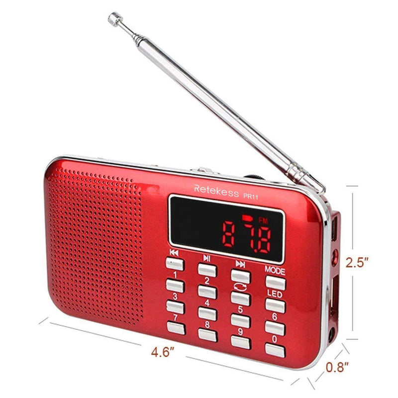 Retekess PR11 AM FM Radio Portable, Rechargeable Radio Digital Tuning, MP3 Music Player Speaker Support TF, AUX, USB Port, Ideal for Outdoor (Red) Red