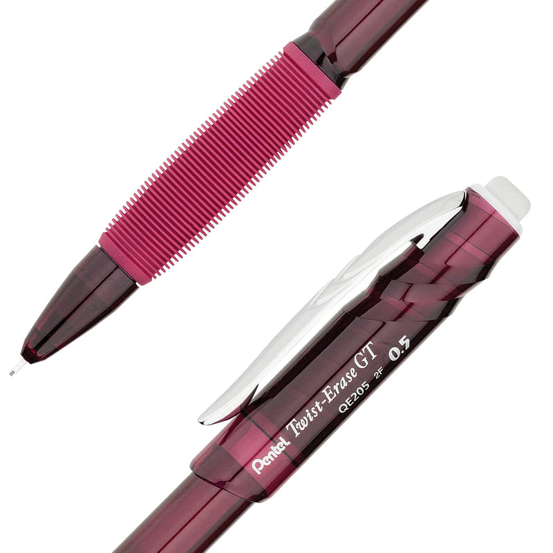 Pentel Twist-Erase GT, 0.5mm, Mechanical Pencil Transparent Burgundy barrel, Box of 12 (QE205B)