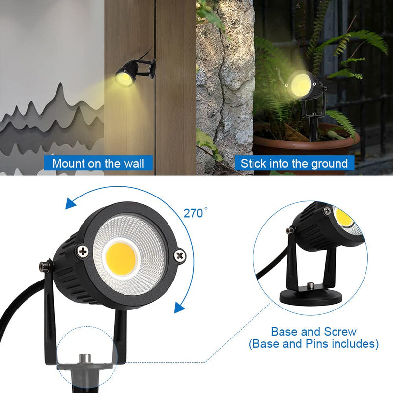 5W LED Spotlight Lamp, Indoor Spot Lights for Plants Uplights Accent Lighting ,120V Landscape Lights Warm White Up Light 6FT Cord with US 3 Prong (2 Pack Base and Stake Included)