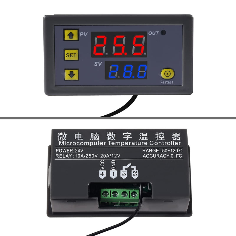 AITRIP 2 pieces W3230 LCD digital thermostat DC 24V 20A temperature controller meter regulator control switch -50-110 degrees Celsius with temperature probe high temperature alarm