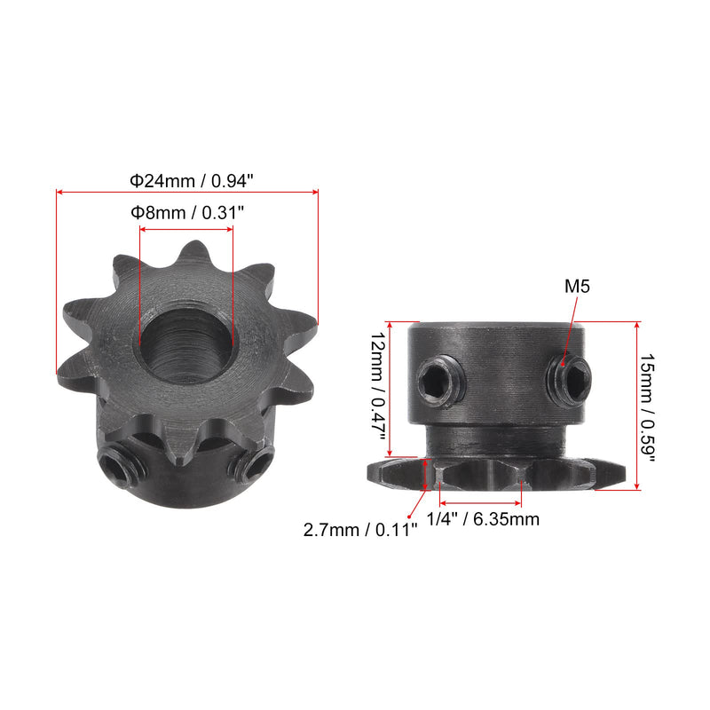 uxcell 10 Tooth Roller Sprocket B Type, 25 Chain, Single Strand 1/4" Pitch, 8mm Bore Black Oxide C45 Carbon Steel with Set Screws for ISO 04C