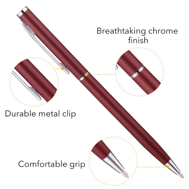 Unibene Slim Metallic Retractable Ballpoint Pens - Matte Burgundy, Nice Gift for Business Office Students Teachers Wedding Christmas, Medium Point(1 mm) 6 Pack-Black ink