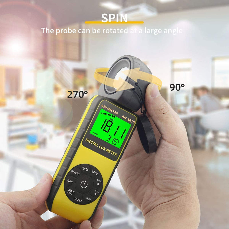 ANNMETER AN-881D Digital Illuminance Meter, Lux Meter with 0.01-400,000 Lux (0.01-40,000 FC) Foot Candle Measuring Ranges, Light Meter for Plants, Par Meter with 270°Rotatable Detector AI-881D Illuminance Meter Range 0.1~400,000Lux