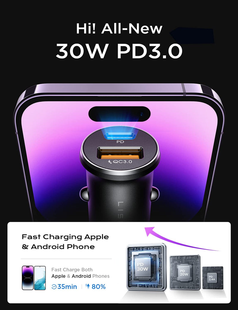 2-Pack USB C Car Charger Fast Charging[PD30W&QC18W], Type C Car Cigarette Lighter USB Charger, LISEN USBC Car Charger Adapter Compatible with iPhone 14 Pro Max Plus 13 12, iPad, Samsung, Pixel, Google