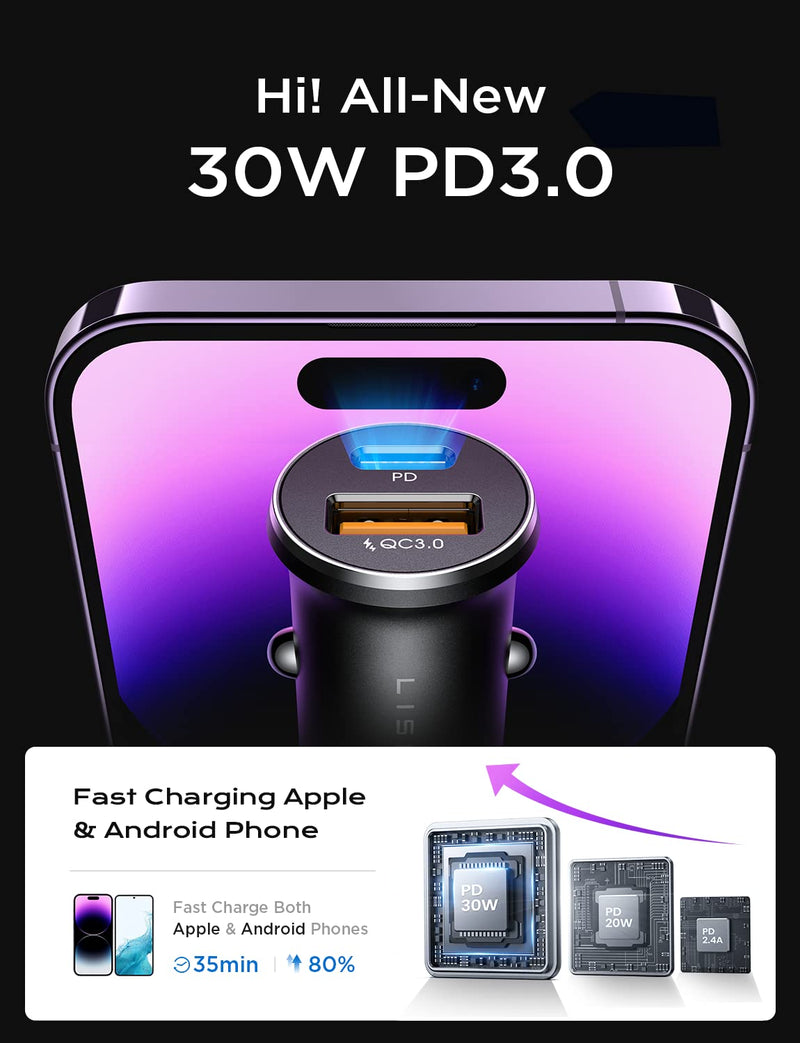 [Apple MFi Certified] iPhone Car Charger USB C Fast Charge[Mini&Metal] LISEN 48W Cigarette Lighter USB Charger iPhone USB C Car Charger with 2-in-1 USB C Cable to Lightning Cable for iPhone 14 13 12