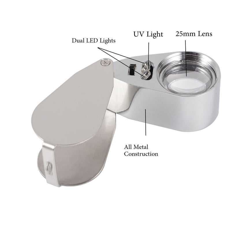 40X Full Metal Illuminated Jewelry Loop Magnifier, XYK Pocket Folding Magnifying Glass Jewelers Eye Loupe with LED(LED Currency Detecting/Jewelry Identifying)