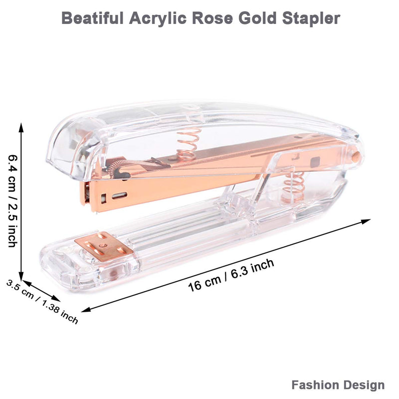 Rose Gold Desk Accessories Set - Transparent Rose Gold Acrylic Desktop Stapler with 1000 PCS Rose Gold Staples and 15 Pieces Blinder Clips for Home School Office Supplies Stationery Desk Accessory