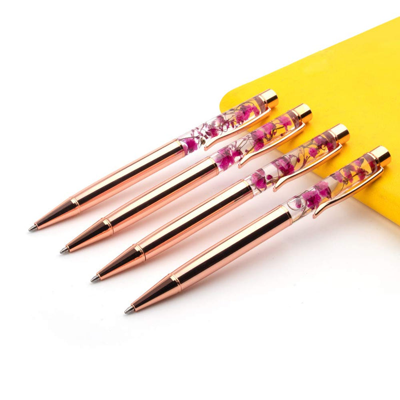 Rose Gold Ballpoint Pen,4 Pieces Metal Ball Pens Dynamic Liquid Flower Pen Black Ink Pen Refills for Office Rose Gold Desk Supplies Rose Gold Pens