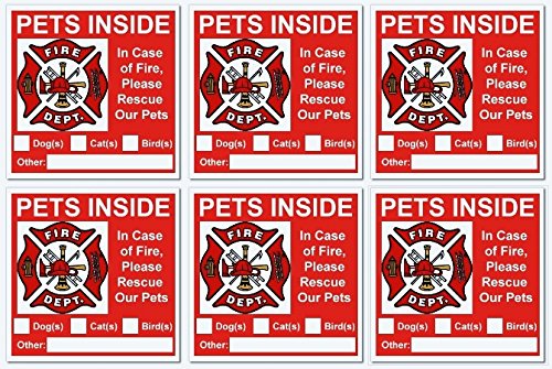 6 Pets Inside Red Safety Alert Warning Window Door Stickers; in Fire or Emergency They Notify Rescue Personnel to Save Pet; 3 X 3 Inches