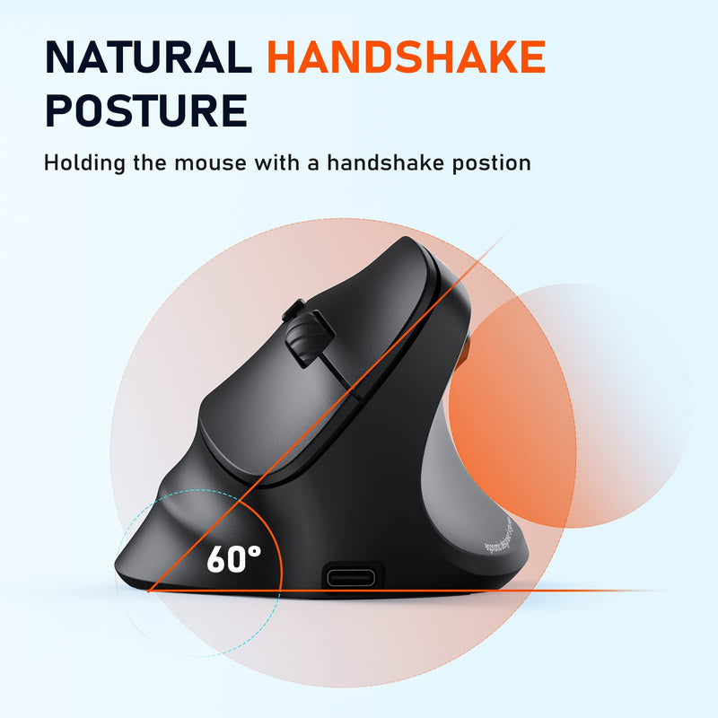 MEETION Ergonomic Mouse, Wireless Vertical Mouse RGB Backlit Rechargeable Mice for Bluetooth(5.2 + 3.0) & USB-A with USB-C Adapter 4 Adjustable DPI Compatible Mac/Windows/Andriod/PC/Tablet/iPad Black Medium-Large Right-Handed
