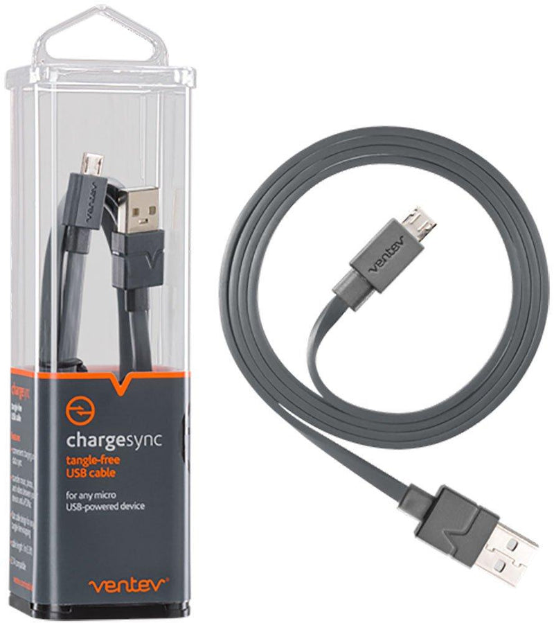 Ventev Chargesync Micro USB Cable | Convenient Charging from Any Standard USB Port, Transfer Data to Any PC or MAC, S2.1A Rapid Charging, Flat Cable Design for Tangle-Free Wrapping | 3ft Gray