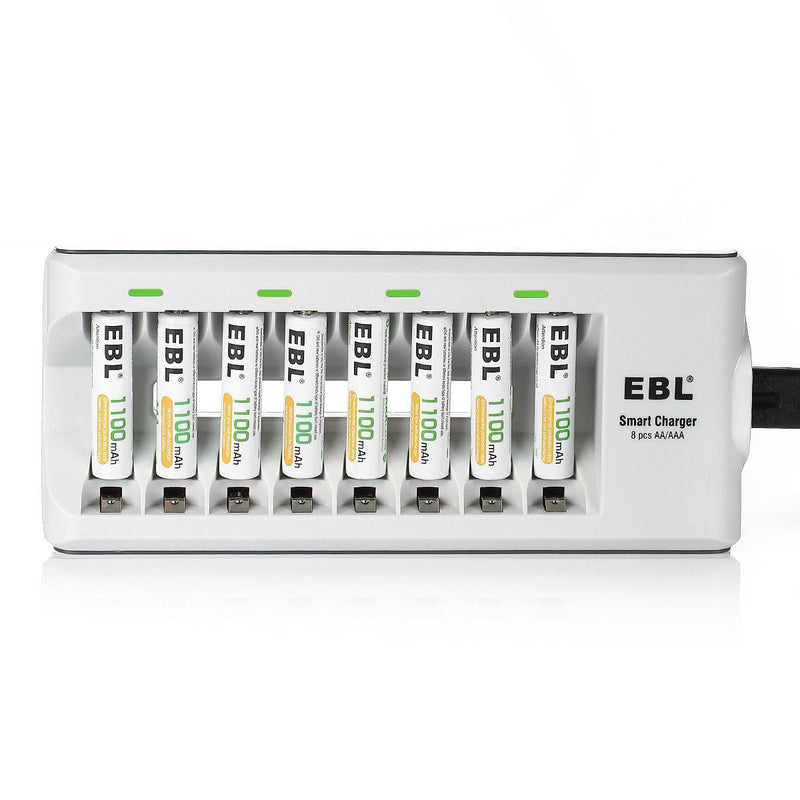 EBL AAA Rechargeable Batteries Precharged 8 Pieces 1.2V 1100mAh AAA Batteries with Battery Charger for AA AAA Batteries 8-Bay in-pair Charger + 8AAA