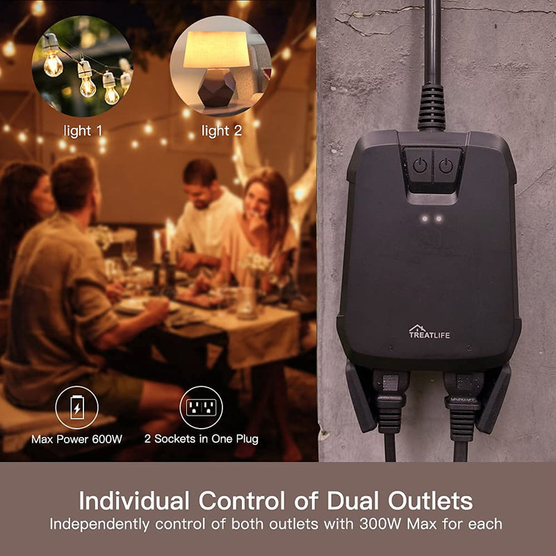 [New Version] Treatlife Smart Dimmer Plug, 2 Individual Control Sockets, 600W, Compatible with Alexa, Google Home, IP64 for Outdoor String Lights, Dusk to Dawn, 2.4Ghz WiFi Only 1
