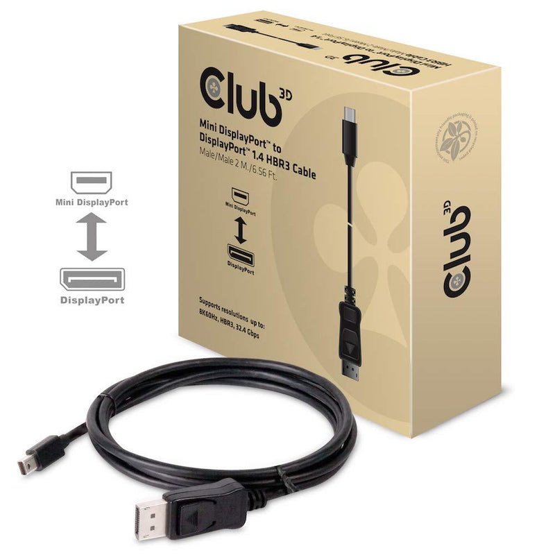 Club3D CAC-1115 Mini DisplayPort to DisplayPort 1.4/HBR3 Cable Male/Male, HDR Support 2 Meter/6.56 Feet, Black Vesa Certified DP 1.4 to mDP 1.4 2m/6.56ft