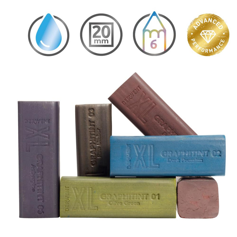 Derwent XL graphite block, set of 6 coloring pencils, 60 mm, extra wide color pencils, water-soluble, ideal for sketching, drawing and expressive drawings, professional quality, in pencil box, 2306175
