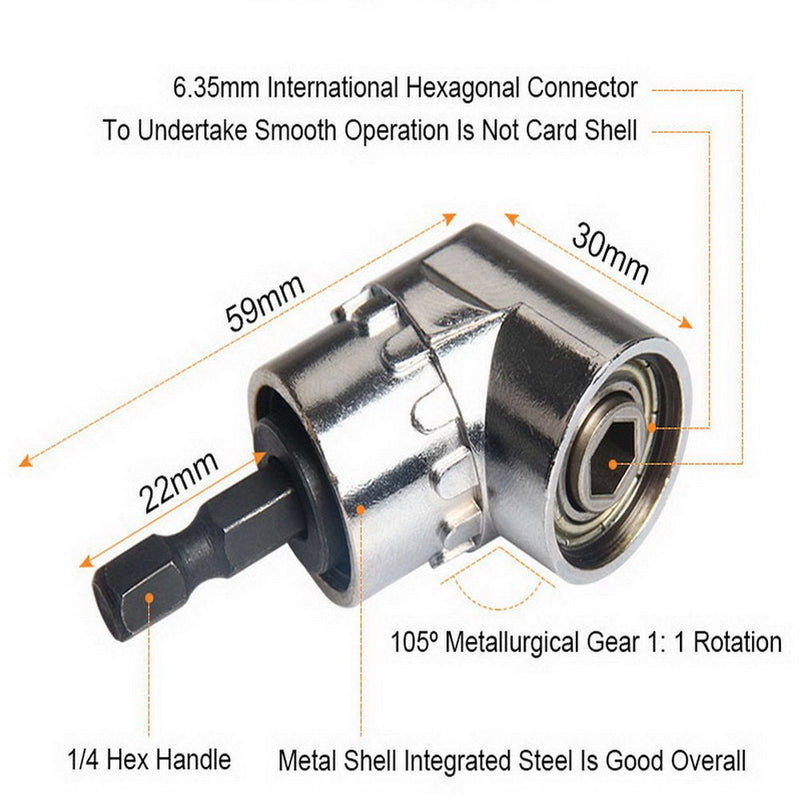 CIGOTU Right Angle Drill, 105 Degree Multifunction Right Steel Angle Driver Angle Extension Power Screwdriver Drill with 1/4" Drive 6mm Hex Quick Change Magnetic Drill Bit Angled Bit Power Drill Tool