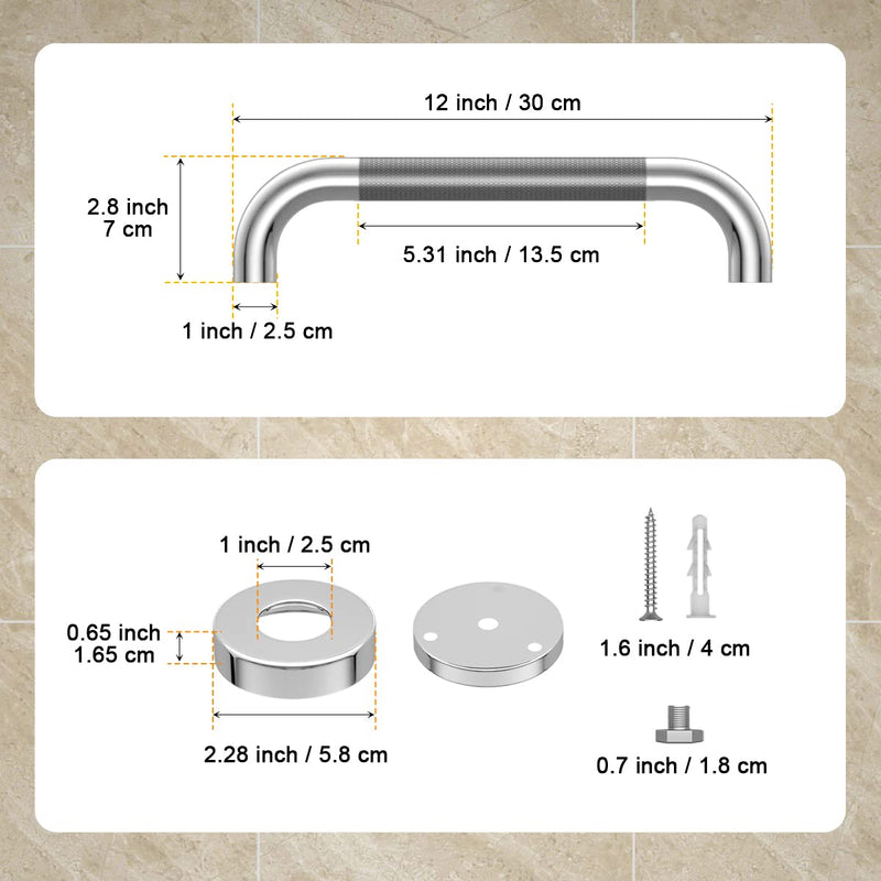 12 Inch Anti Slip Shower Grab Bar, Yuande Chrome Finish Stainless Steel Bath Grab Bar, Knurled Bathroom Safety Rail, Shower Handrail Support, Handicap Elderly Injury Senior Balance Assist Handles 12inch-1 Pack