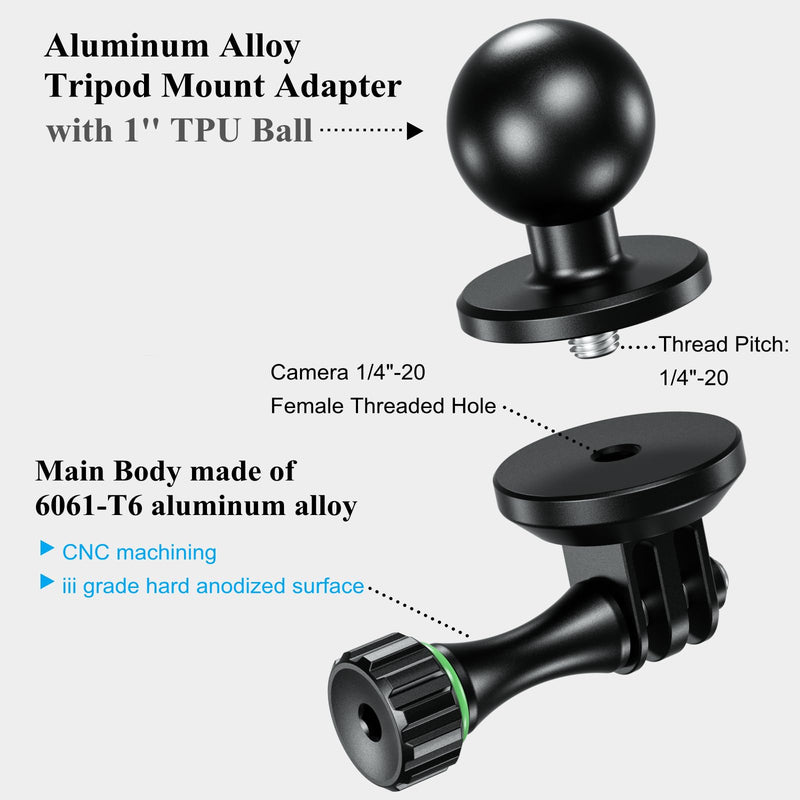BRCOVAN Aluminum Alloy Tripod Mount Adapter with Camera 1/4"-20 Thread & 1'' TPU Ball Fit for RAM Mounts B Size Doulbe Socket Arm, for Gopro Hero Action Camera/DJI/Insta360/Camcorder/Field Monitor