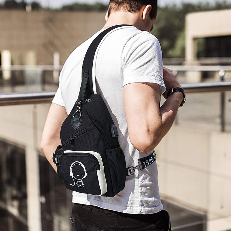 Sling Bag for Mens Women with USB Charger Port, Small Chest Pack with Side Pocket, Fashion Travel School Shoulder Backpack Usb+music Black