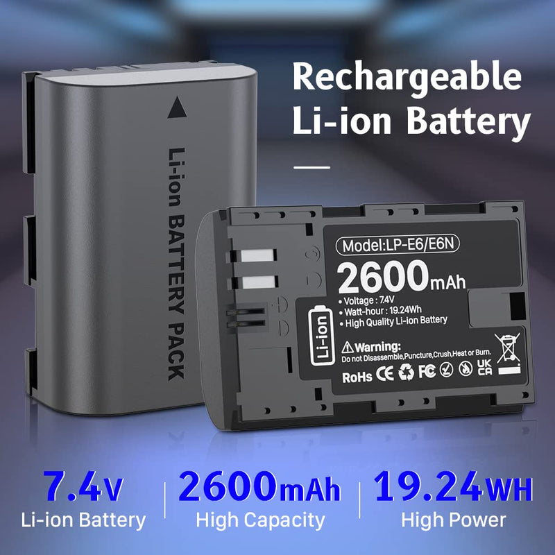 KOOAQQ LP-E6 / LP E6N Camera Battery Rechargeable 7.4V 2600mAh High Capacity Battery for EOS 5D Mark II III IV, 5DS, 5DS R, 6D, 6D Mark II, 7D, 7D Mark II, 60D, 70D, 80D, 90D, R, R5 and More-1 Pack 1 Pack battery