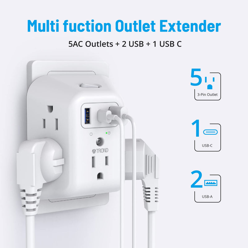 USB Wall Charger, Surge Protector, TROND 5 Outlet Extender with 3 USB Charging Ports (1 USB C) 3 Sided 1440J Multi Plug Outlets, Wall Mount Power Strip for Home Travel Office（ON/Off Switch） 5 outlets