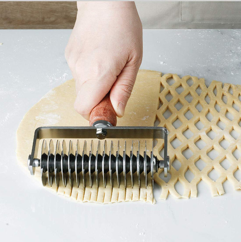 AMPSEVEN Stainless Steel Dough Lattice Top Cookie Pie Pizza Bread Pastry Crust Roller Cutter,Wood Handle
